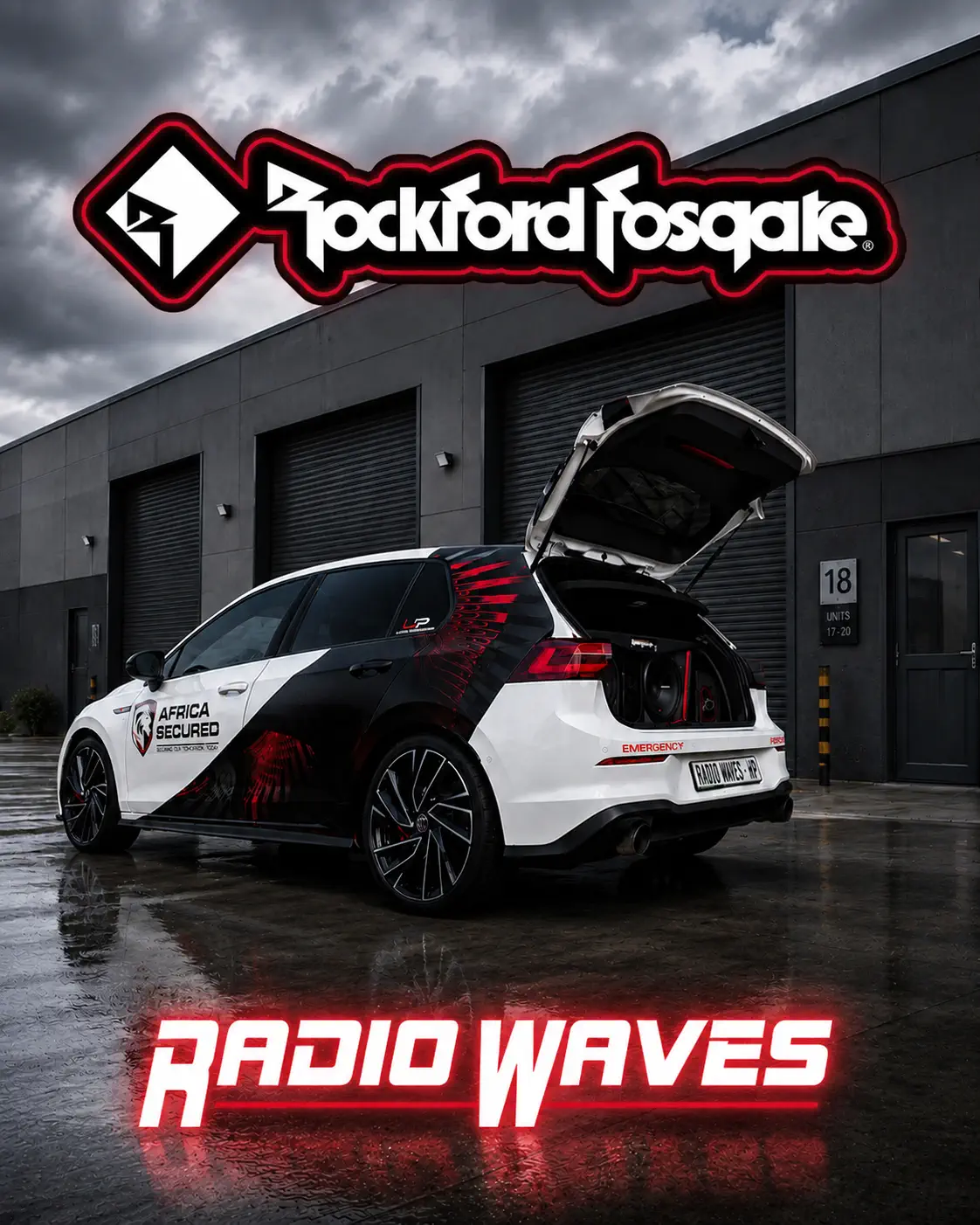 VW Golf 8 GTI custom build — dual Rockford Fosgate Punch P2D4-12 by Radio Waves